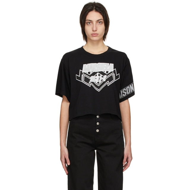 MM6 Maison Margiela Black Motocross Logo Cropped T-Shirt - MM6 MAISON MARGIELA T-shirt recadré motocross motocross noir - MM6 Maison Margiela Black Motocross 로고가 자른 티셔츠