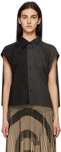 MM6 Maison Margiela Black Paneled Stripe Shirt - MM6 MAISON MARGIELA chemise à rayures lambrissées noires - MM6 Maison Margiela 검은 색 패널 스트라이프 셔츠