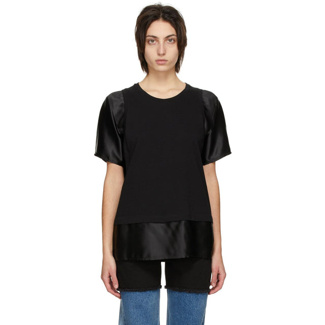 MM6 Maison Margiela Black Satin Spliced T-Shirt - MM6 MAISON MARGIELA T-shirt satiné noir satiné noir - MM6 Maison Margiela Black Satin Spliced ​​T 셔츠