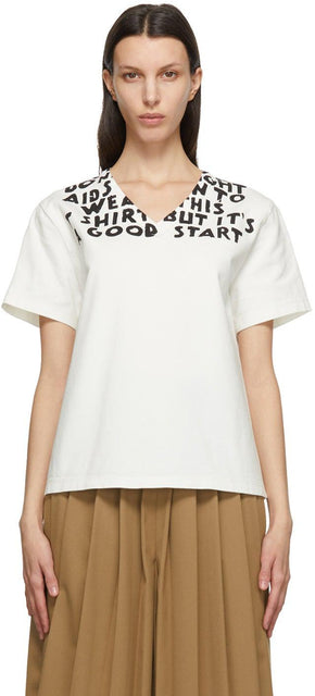 MM6 Maison Margiela White AIDES France Edition Charity V-Neck T-Shirt - MM6 MAISON MARGIELA WHITE AIDE FRANCE EDITION T-shirt V-Col Charity Edition - MM6 Maison Margiela White Aide France Edition 자선 V 넥 티셔츠