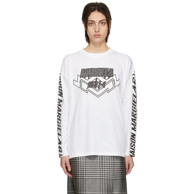 MM6 Maison Margiela White Motocross Logo Long Sleeve T-Shirt - MM6 Maison Margiela Blanc Motocross Logo T-shirt à manches longues à manches longues - MM6 Maison Margiela White Motocross Logo Long Sleeve T 셔츠