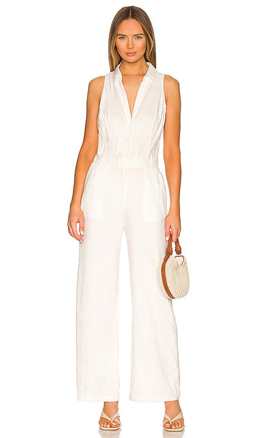 MONROW Linen Halter Polo Jumpsuit in White Combinaison de polo lin monrow en blanc en blanc Monrow Linen Halter Polo连身裤穿着白色