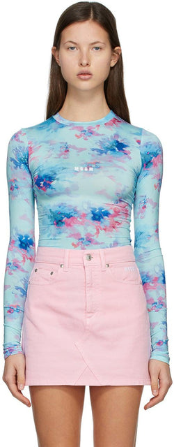 MSGM Blue Tie-Dye Long Sleeve T-Shirt - T-shirt à manches longues à col catiers bleu msgm - MSGM Blue Tie-Dye Long Sleeve T 셔츠