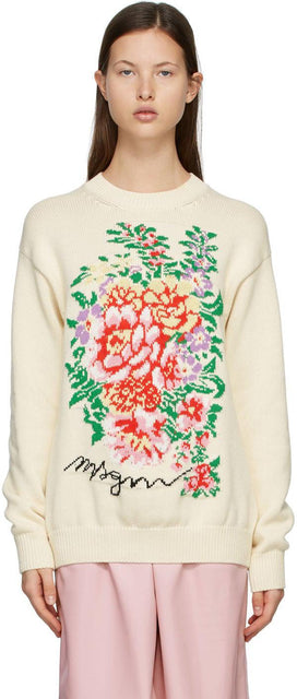 MSGM Off-White Knit Floral Sweater - Pull floral tricoté de msgm blanc cassé - MSGM Off-White 니트 꽃 스웨터