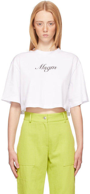 MSGM White Bows Italics Logo Crop T-Shirt - MSGM Blanc Bows Italiques Logo T-shirt - MSGM 화이트 리트 이탤릭체 로고 자르기 티셔츠