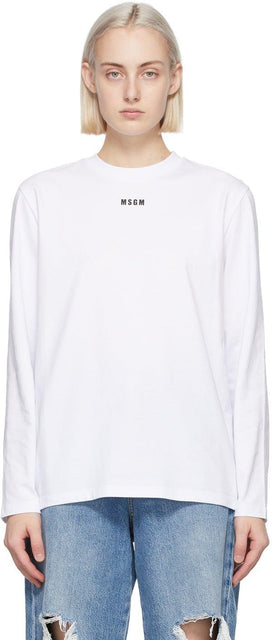 MSGM White Micro Logo Long Sleeve T-Shirt - T-shirt à manches longues Micro Micro Logo MSGM - MSGM 화이트 마이크로 로고 긴 소매 티셔츠