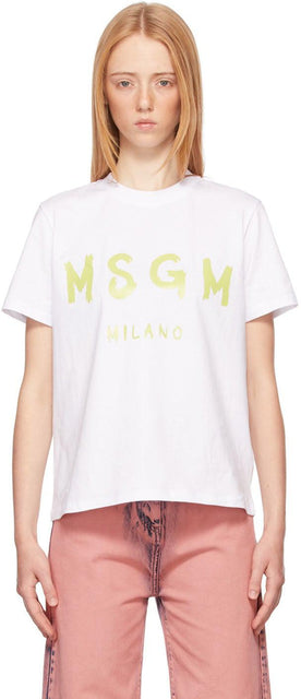 MSGM White Paint Brushed Logo T-Shirt - T-shirt logo brossé de peinture blanche msgm - MSGM 화이트 페인트 닦았 로고 티셔츠
