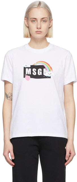 MSGM White Rainbow Logo T-Shirt - MSGM White Rainbow Logo T-shirt - MSGM 화이트 레인보우 로고 티셔츠