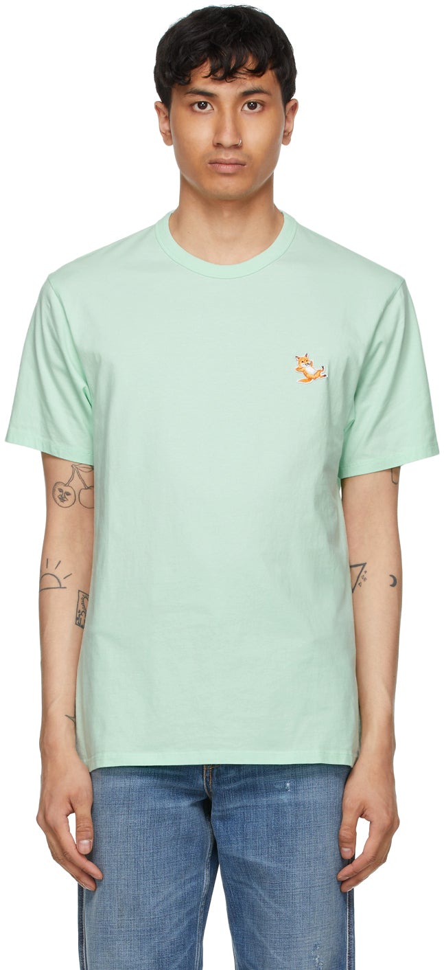 Maison KitsunÃ© Green Chillax Fox Patch Classic T-Shirt - Maison Kitsuné Green Chillax Fox Renard T-shirt classique - Maison KitsunÃ © Green Chillax Fox Patch 클래식 T 셔츠