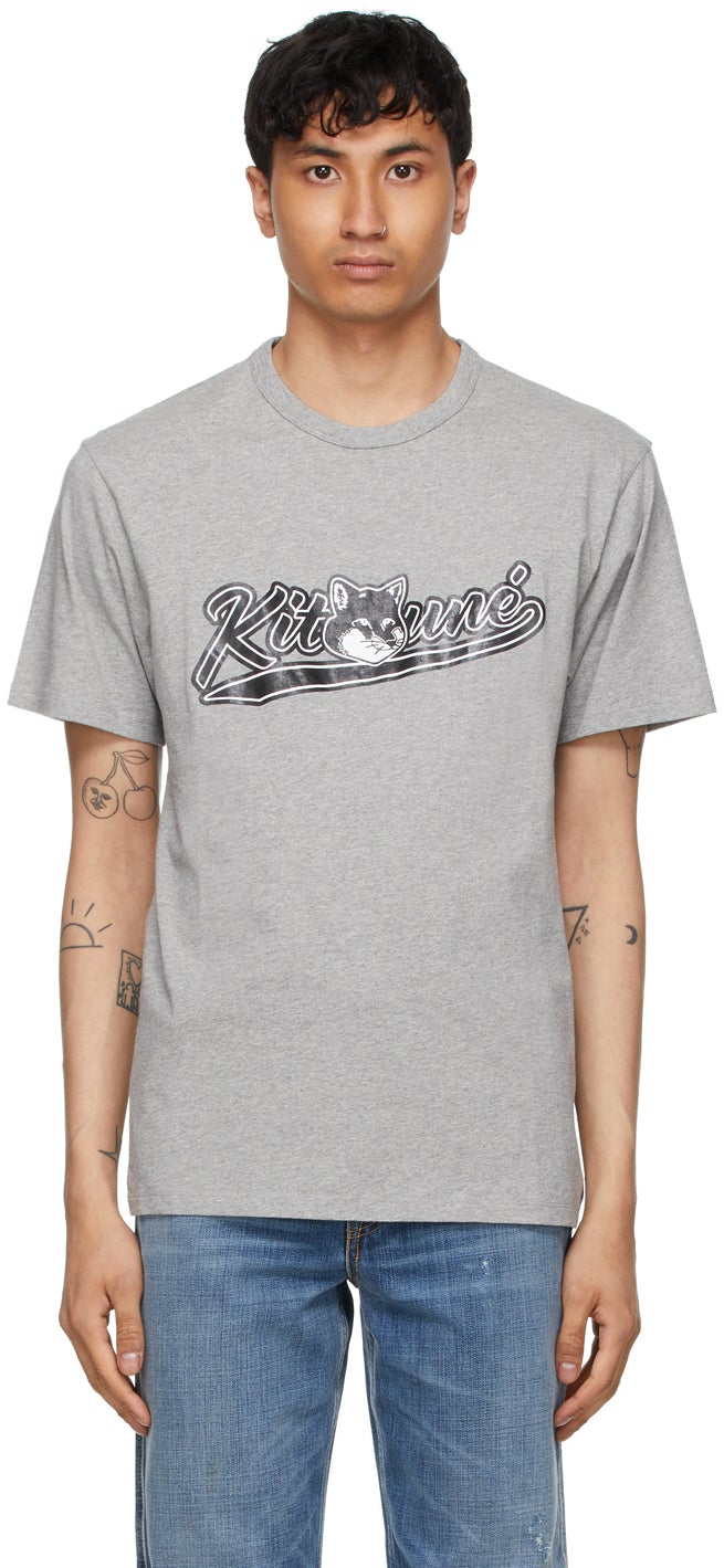 Maison KitsunÃ© Grey Varsity Fox Classic T-Shirt - Maison Kitsuné Grey Varsity Fox Classic T-shirt - Maison KitsunÃ © 그레이 Varsity Fox 클래식 T 셔츠