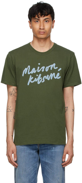 Maison KitsunÃ© Khaki Handwriting Classic T-Shirt - T-shirt classique de Maison Kitsuné Kitaki - Maison KitsunÃ © Khaki 필기 클래식 티셔츠