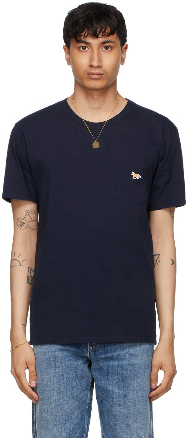 Maison KitsunÃ© Navy Profile Fox Patch Pocket T-Shirt - Maison Kitsuné Navy Profil Navigier T-shirt de poche Patch Fox - Maison KitsunÃ © 네이비 프로필 폭스 패치 포켓 티셔츠