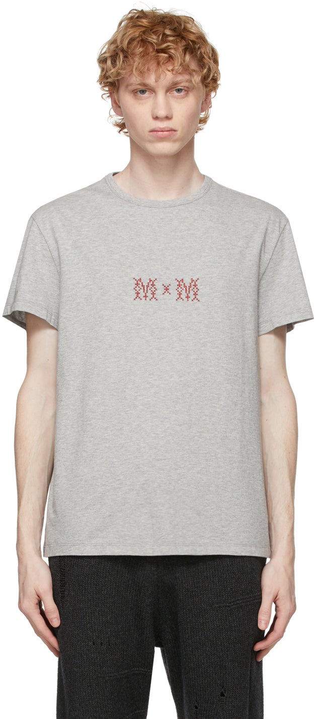 Maison Margiela Grey Embroidered Logo T-Shirt - T-shirt logo brodé gris Maison Margiela - Maison Margiela 그레이 수 놓은 로고 티셔츠