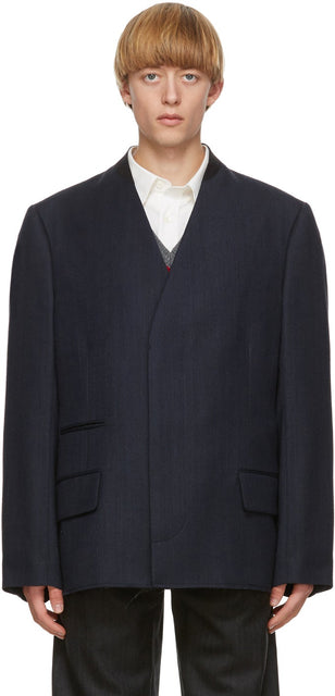 Maison Margiela Navy Wool Covert Blazer - MAISON MARGIELA NAVY LAINE COVERT BLAZER - Maison Margiela 해군 울 커버트 블레이저