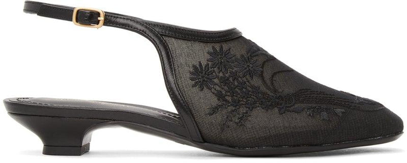 Mame Kurogouchi Black Floral Embroidered Slingback Slippers