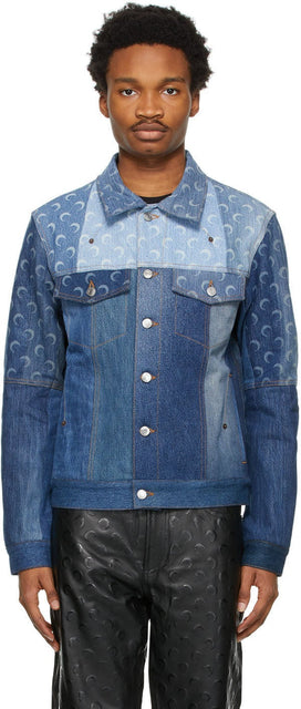 Marine Serre Blue Denim Moon Patchwork Jacket - Veste de patchwork de Denim bleu marine Serre - 해양 Serre 블루 데님 문 패치 워크 재킷