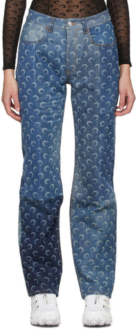 Marine Serre Blue Regenerated Allover Moon Jeans - Marine Serre Bleu Régénéré Allerver Lune Jeans - 해양 Serre Blue 재생 allover 문 청바지