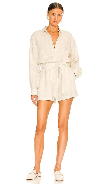 Marissa Webb Rowan Linen Button Down Romper in Neutral Bouton de lin marissa webb rowan en neutral Marissa Webb Rowan亚麻布按钮在中性