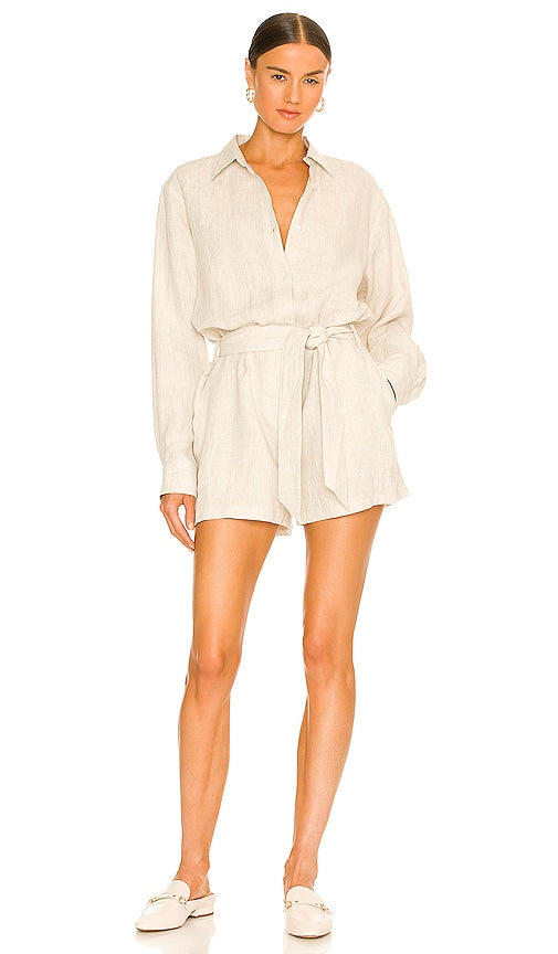 Marissa Webb Rowan Linen Button Down Romper in Neutral Bouton de lin marissa webb rowan en neutral Marissa Webb Rowan亚麻布按钮在中性