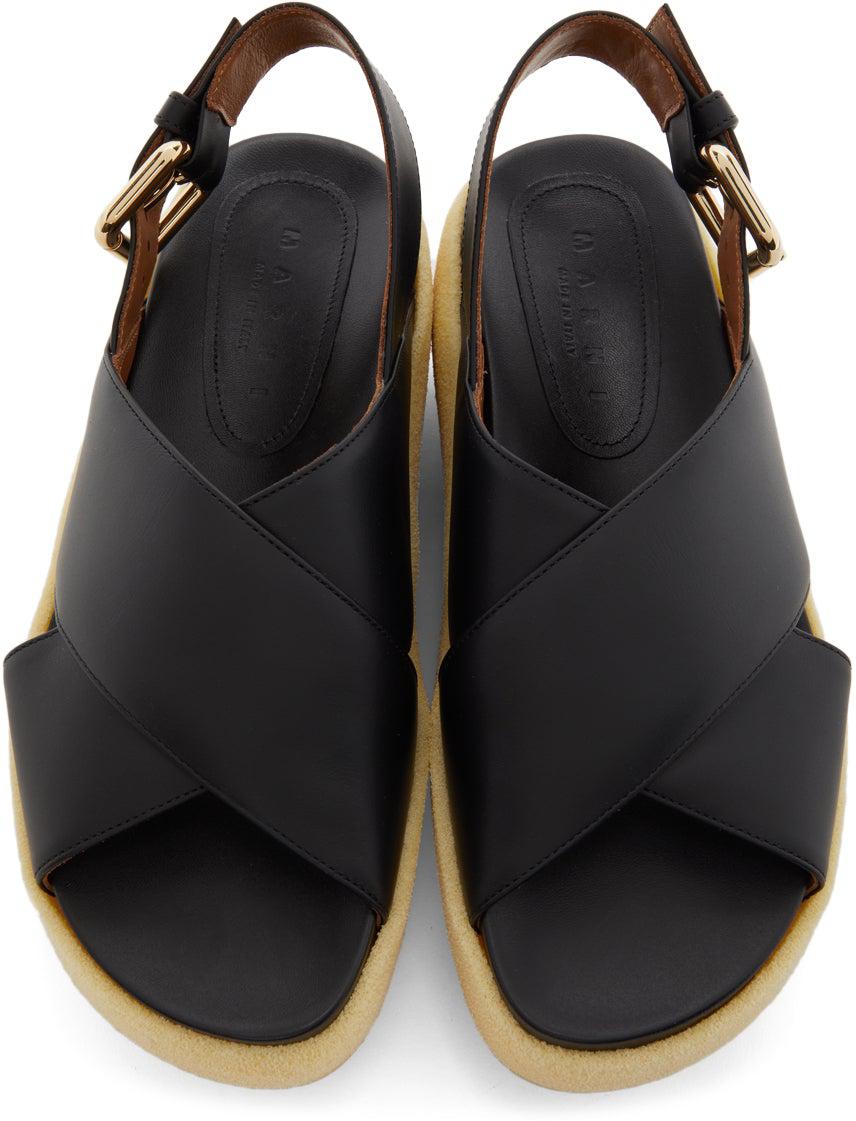Marni Black Wooden Sole Wedge Sandals