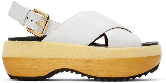 Marni White Wooden Sole Wedge Sandals - Sandales compensées en bois blanc Marni - 마르니 화이트 솔 웨지 샌들
