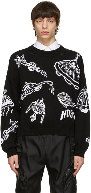 Moschino Black Cotton Spaceship Sweater - Pull de vaisseau spatial de coton noir Moschino - Moschino 검은 코튼 우주선 스웨터