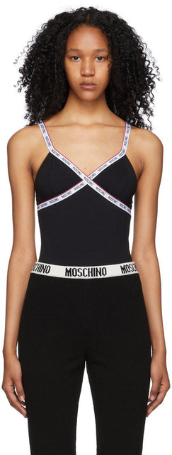 Moschino Black Mini Elastic Bodysuit - Moschino Noir Mini Body élastique - Moschino 블랙 미니 탄성 Bodysuit.