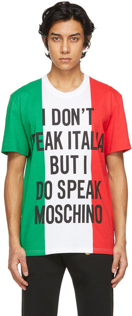 Moschino Multicolor Italian Slogan T-Shirt - T-shirt Slogan italien Moschino Multicolore - Moschino 여러 가지 빛깔의 이탈리아어 슬로건 티셔츠