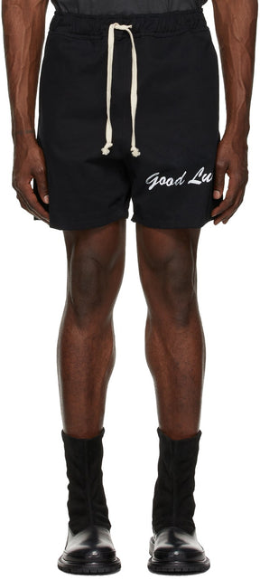 Mr. Saturday Black Twill 'Good Luck' Shorts - Monsieur samedi Black Twill 'Bonne chance' Short - 토요일 블랙 능직 '행운'반바지