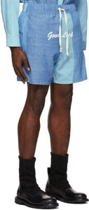 Mr. Saturday Blue Canvas 'Good Luck' Shorts