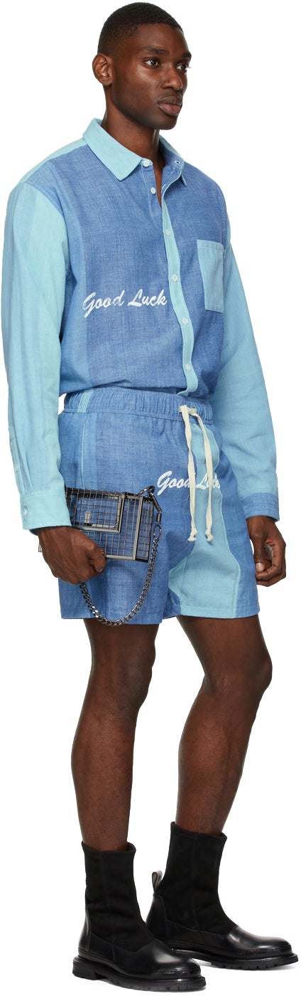 Mr. Saturday Blue Canvas 'Good Luck' Shorts