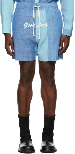 Mr. Saturday Blue Canvas 'Good Luck' Shorts - Monsieur le Samedi Blue Blue Canvas 'Bonne chance' Short - 토요일 블루 캔버스 '행운'반바지