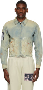 Mr. Saturday Blue Denim Paint Splatter Jacket - M. Samedi Samedi Blue Denim Paint Splatter Veste - 토요일 블루 데님 페인트 튄 자켓