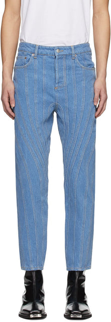 Mugler SSENSE Exclusive Blue Low Spiral Jeans - Jeans à spirale exclusive exclusive de Mugler Ssense - 무덤 ssense 독점적 인 파란색 낮은 나선형 청바지