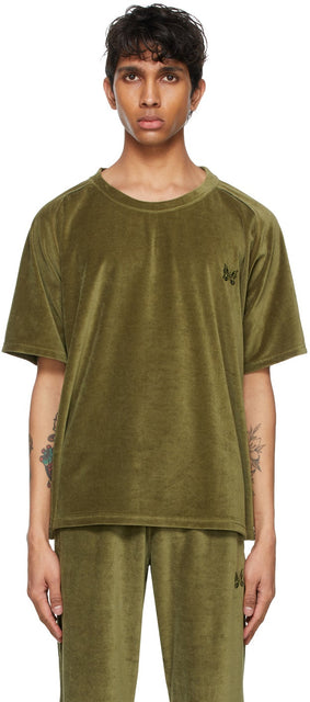 Needles Khaki Velour Neck T-Shirt - T-shirt à col de velours d'aiguilles Kaki - 바늘 카키 벨벳 목 티셔츠