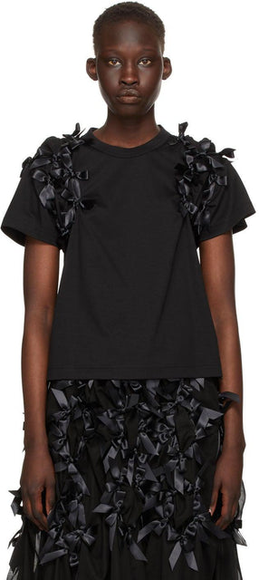 Noir Kei Ninomiya Black Ribbon Ponte T-Shirt - Noir Kei Ninomiya Noire Ruban Ponte T-shirt - 누아르 케이 니노 미야 블랙 리본 폰테 티셔츠