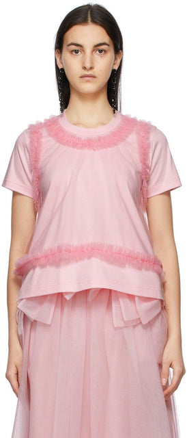 Noir Kei Ninomiya Pink Ponte Tulle T-Shirt - Noir Kei Ninomiya Rose Ponte Tulle T-shirt - 누르 케이 니노 미야 핑크 폰테 얇은 티셔츠
