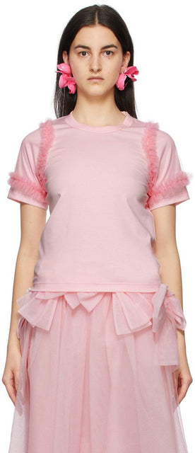 Noir Kei Ninomiya Pink Tulle Sleeves T-Shirt - Noir Kei Ninomiya Rose Tulle Manches T-shirt - 노아 킨 니노 미야 핑크 얇은 명주 그물 티셔츠