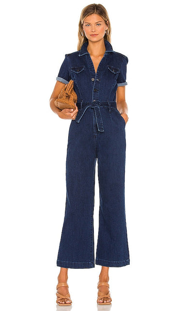 PAIGE Anessa Short Sleeve Jumpsuit in Blue Paige Anessa Suit à saut à manches courtes en bleu Paige Anessa短袖连身裤，蓝色