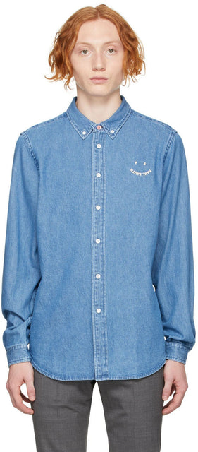 PS by Paul Smith Blue Denim Happy Shirt - PS by Paul Smith Blue Denim Happy Shirt - PS 바울 스미스 블루 데님 행복한 셔츠