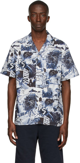 PS by Paul Smith Blue 'Pulp' Print Short Sleeve Shirt - PS by Paul Smith Blue 'Pulp' imprimé chemise à manches courtes - PS by Paul Smith Blue 'Pulp'인쇄 짧은 소매 셔츠