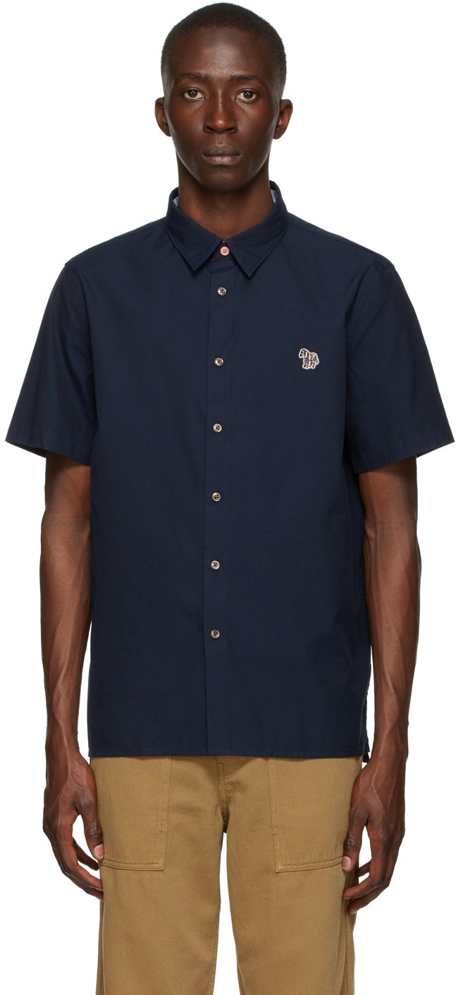 PS by Paul Smith Navy Zebra Logo Short Sleeve Shirt - PS by Paul Smith Navy Zebra Logo Shirt à manches courtes - PS 바이 스미스 네이비 얼룩말 로고 짧은 소매 셔츠