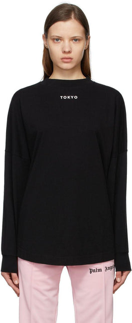 Palm Angels Black Sprayed Logo 'Tokyo' Long Sleeve T-Shirt - T-shirt à manches longues vaporisées de Palm anges - 팜 천사 블랙 스프레이 로고 '도쿄'긴 소매 티셔츠
