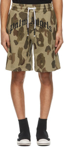 Palm Angels Khaki Camo Curved Logo Lounge Shorts - Palm Angels Kaki Camo Curved Logo Court Lounge Short - 팜 천사 카시 카오 곡선 로고 라운지 반바지