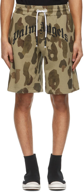 Palm Angels Khaki Camo Curved Logo Lounge Shorts - Palm Angels Kaki Camo Curved Logo Court Lounge Short - 팜 천사 카시 카오 곡선 로고 라운지 반바지