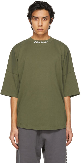 Palm Angels Khaki Double Logo T-Shirt - T-shirt Double logo de Palm Angels Khaki - 팜 천사 카키 더블 로고 티셔츠