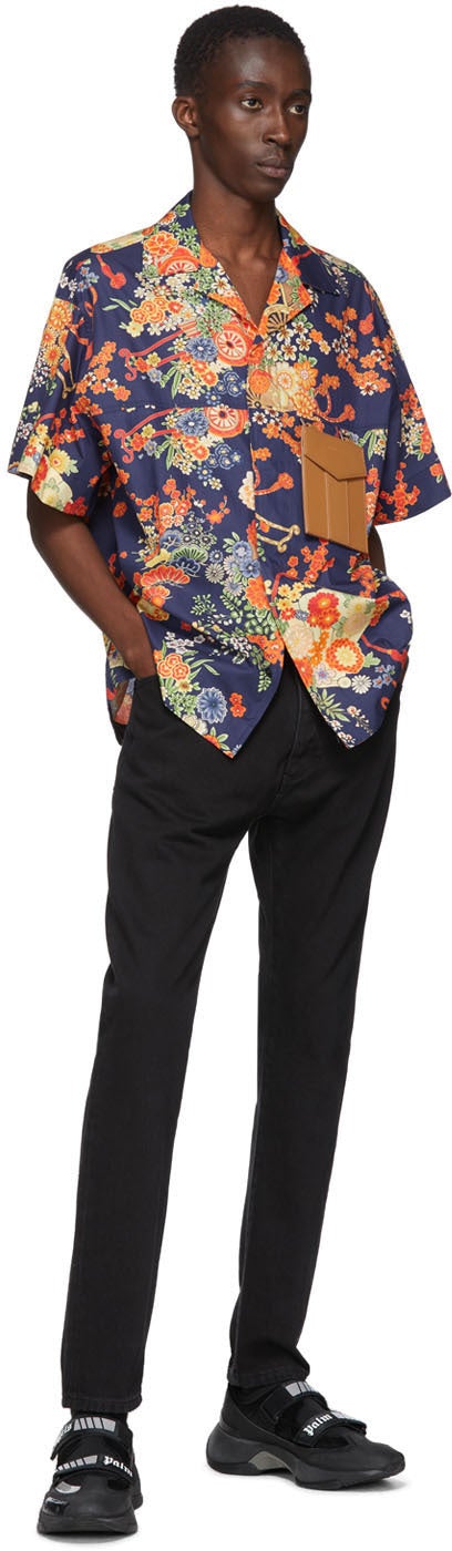 Palm Angels Navy Blooming Short Sleeve Shirt