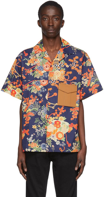 Palm Angels Navy Blooming Short Sleeve Shirt - Chemise à manches courtes en fleurs bleu marine - 팜 천사 해군 피는 짧은 소매 셔츠