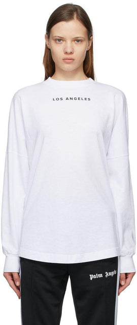 Palm Angels White Sprayed Logo 'Los Angeles' Long Sleeve T-Shirt - T-shirt à manches longues pulvérisée de Palm Angels blanches 'Los Angeles' - 팜 천사 화이트 스프레이 로고 '로스 앤젤레스 긴 소매 티셔츠