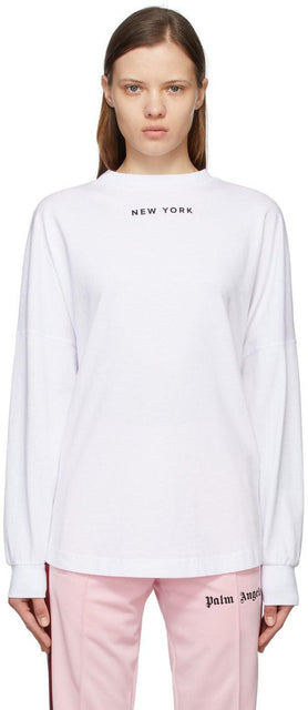Palm Angels White Sprayed Logo 'New York' Long Sleeve T-Shirt - T-shirt à manches longues de Palm Angels blanches 'New York' - 팜 천사 화이트 스프레이 로고 '뉴욕'긴 소매 티셔츠